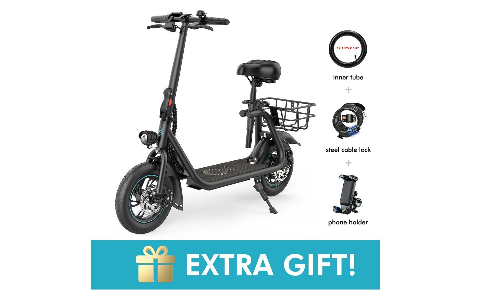 Электросамокат Gyroor 450W с сиденьем для взрослых, 12 inch с корзиной