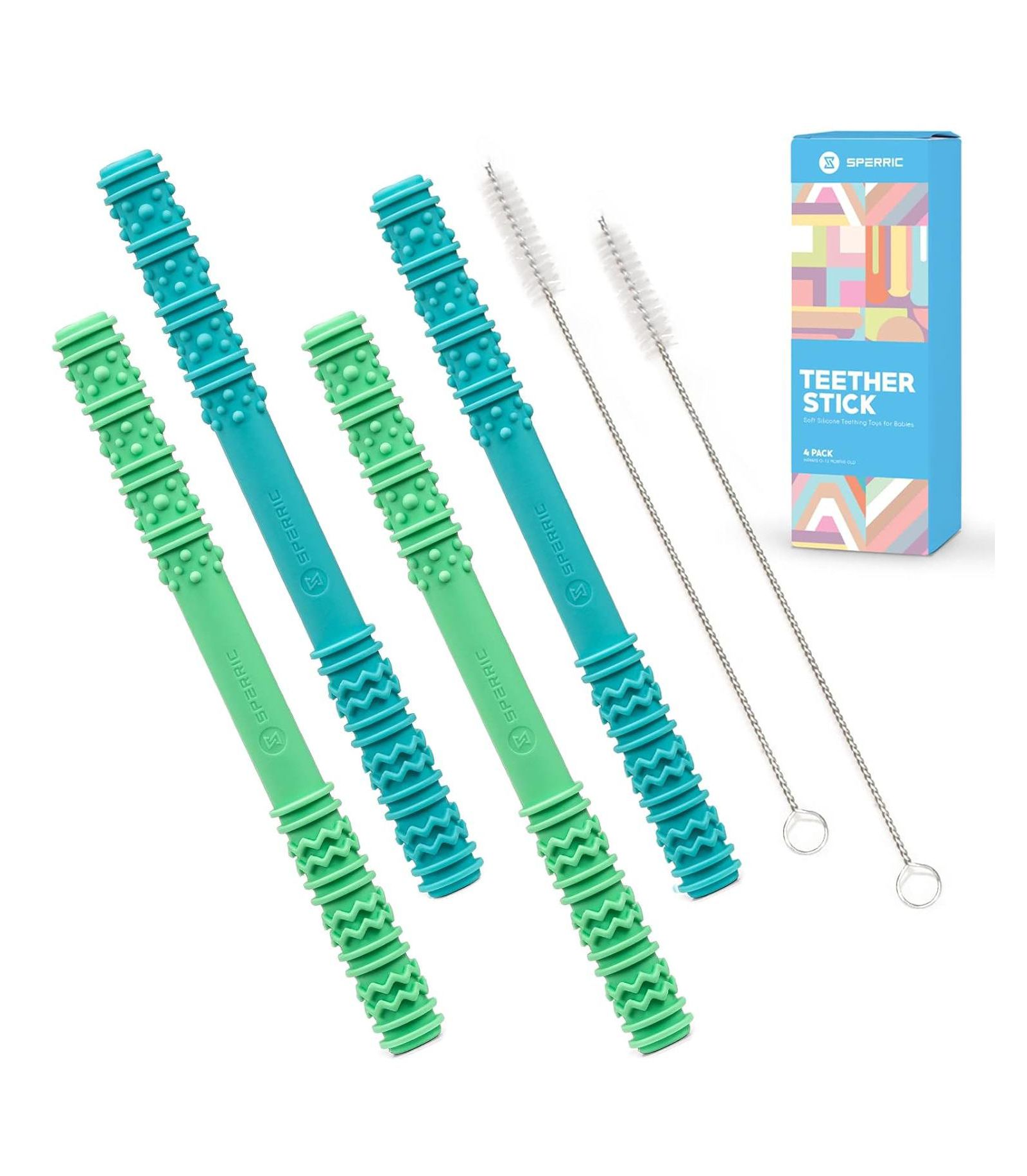 Sperric Baby Hollow Teething Tubes - Soft Silicone Teether Sticks for Infant | BPA Free Teething Straws with Cleaning Brushes (Blue)