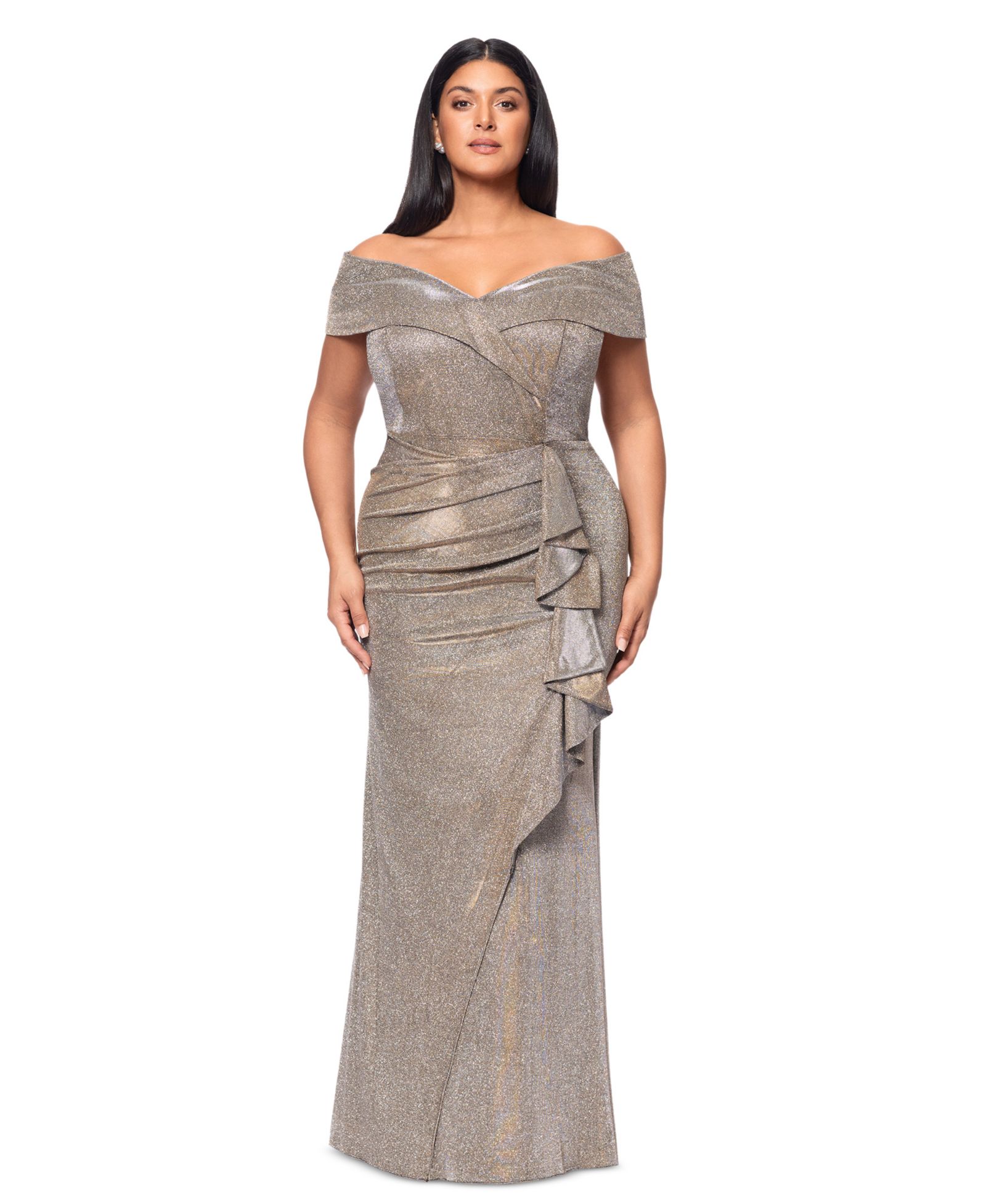 Женское вечернее платье XSCAPE Plus Size Off-The-Shoulder Ruffled Glitter Gown