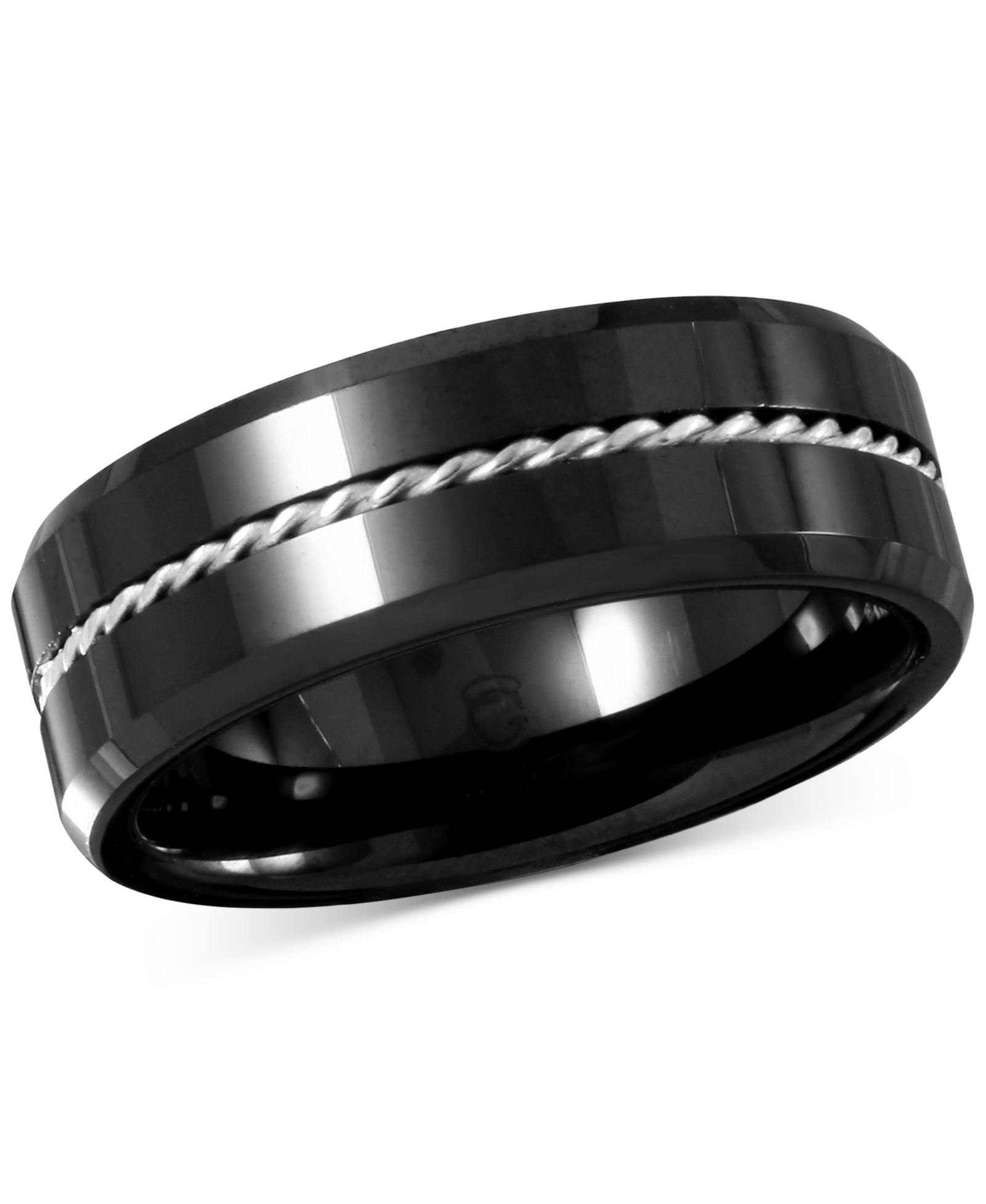 Men's Black Ceramic With Sterling Silver Rope Inlay Ring