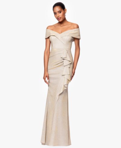 XSCAPE Women's Metallic Off-The-Shoulder Ruffled Gown