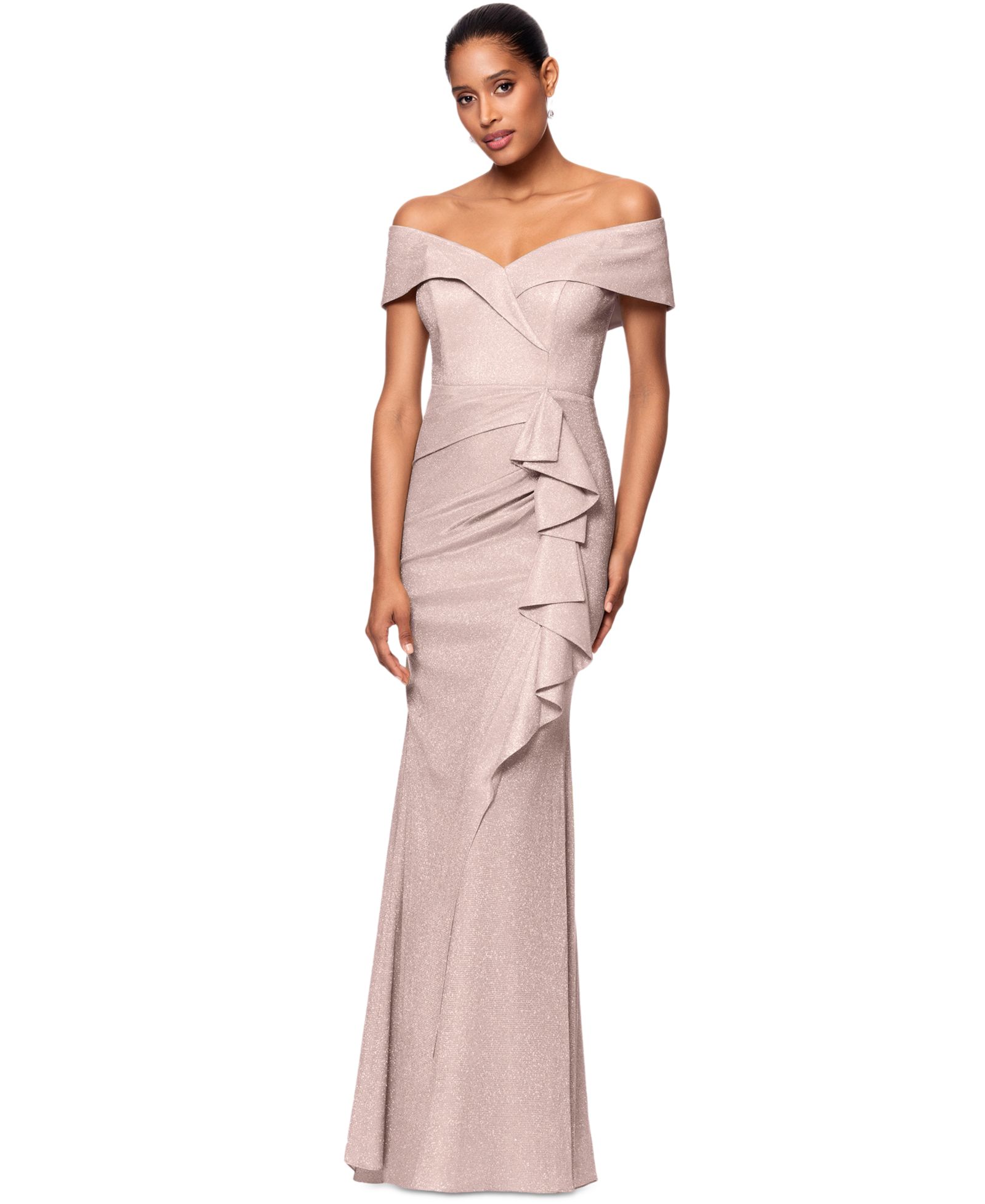Женское вечернее платье XSCAPE Metallic Off-The-Shoulder Ruffled Gown