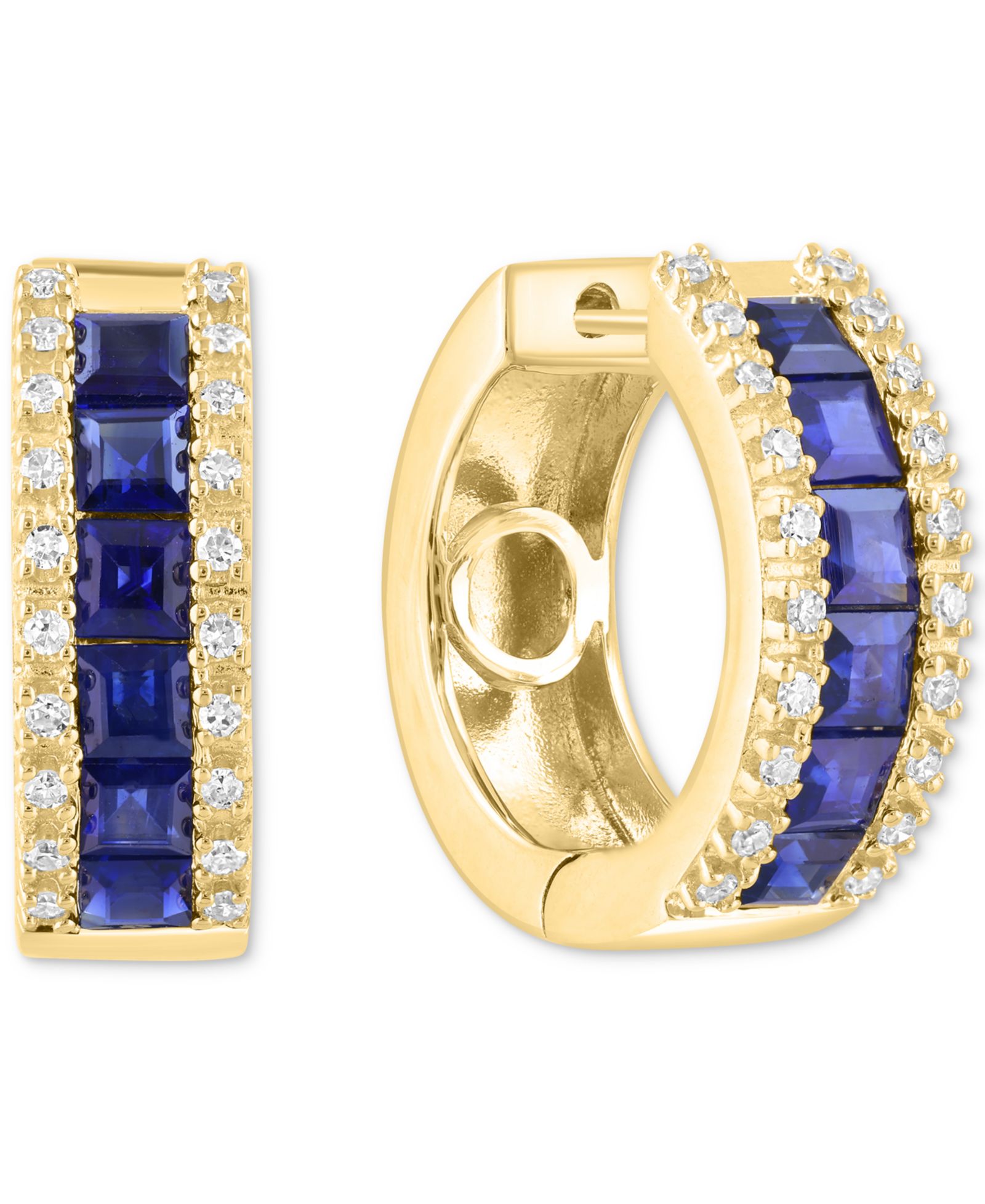 EFFY® Blue Sapphire (1-5/8 ct. t.w.) & Diamond (1/6 ct. t.w.) Small Hoop Earrings in 14k Yellow Gold, 0.62"