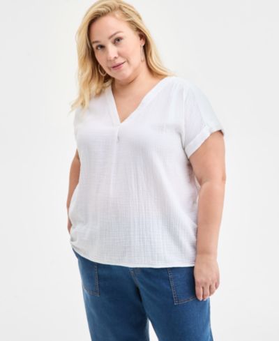 Женский топ Style & Co Plus Size Cotton Gauze V-Neck Short-Sleeve