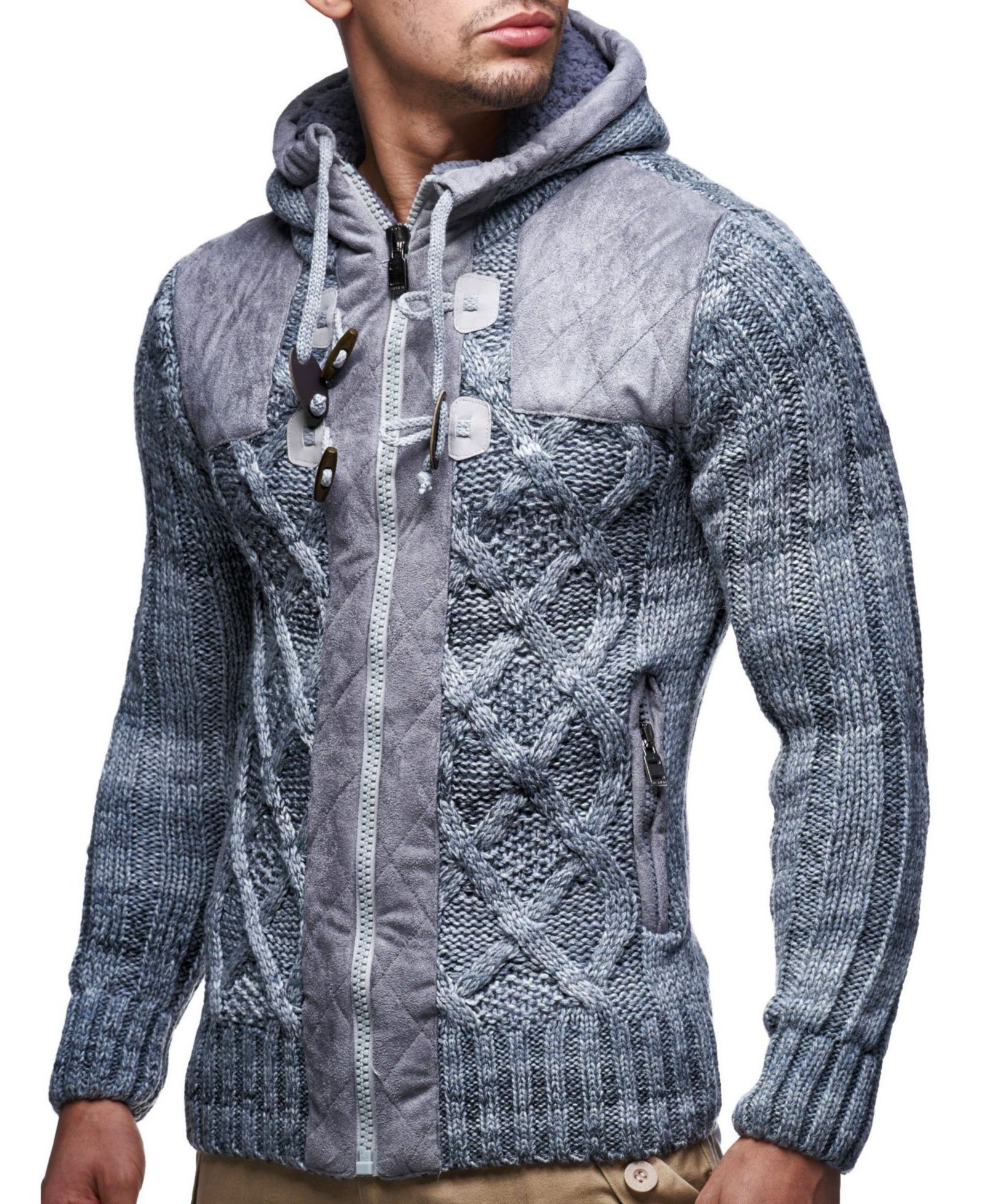 Leif Nelson Men's Knit Zip-up Jacket With Geometric Patterns and Leather Accents