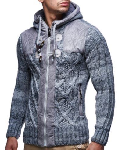 Мужская куртка Leif Nelson Knit Zip-up Jacket с геометрическим принтом и кожаными вставками