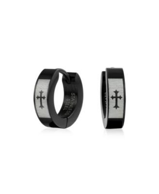 Bling Jewelry Religious Fleur de Lis Cross Huggie Earrings Black Silver Stainless Steel