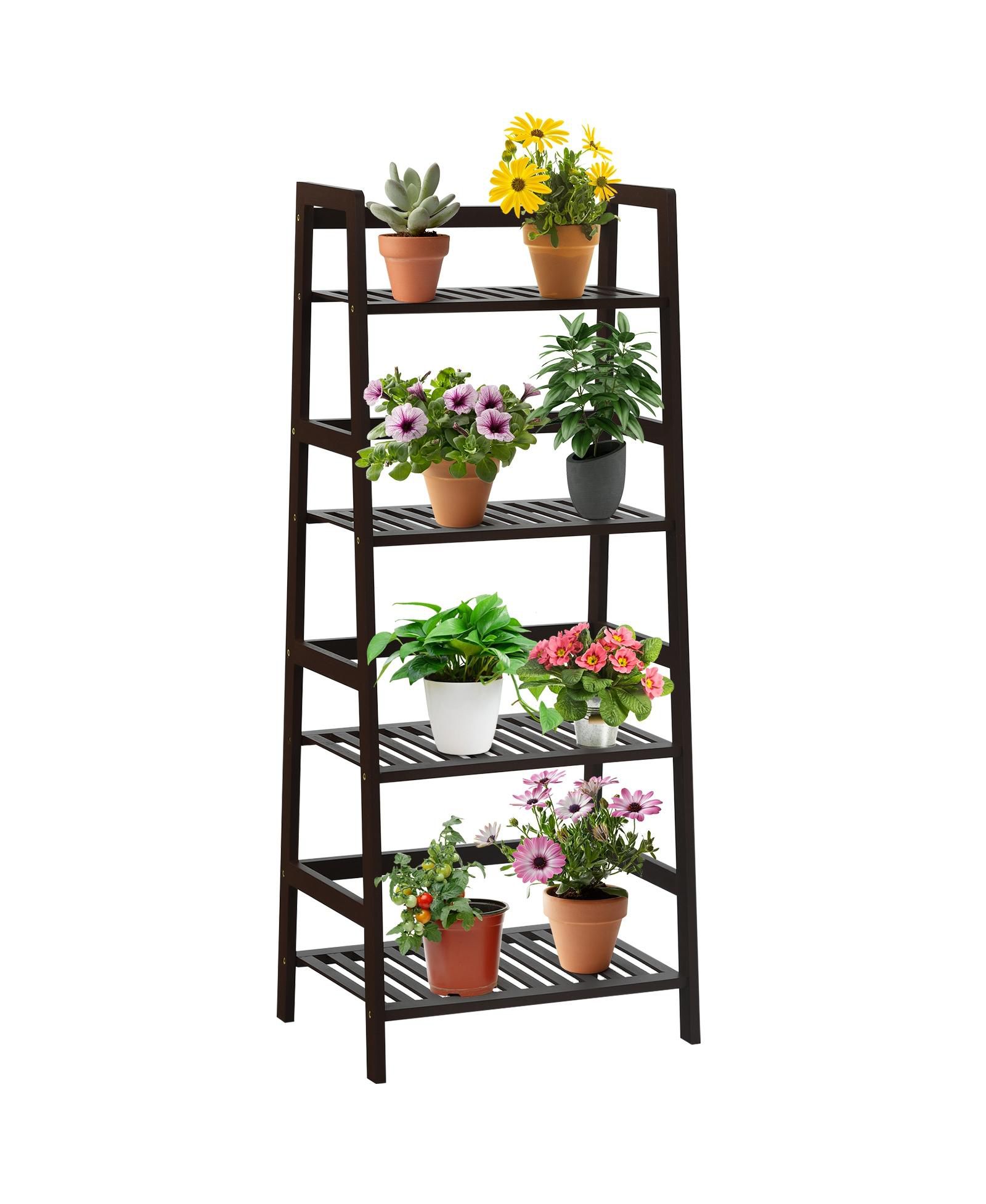 SUGIFT 4-Tier Bamboo Plant Rack with Guardrails Stable and Space-Saving-Brown 19" x 12.5" x 45".