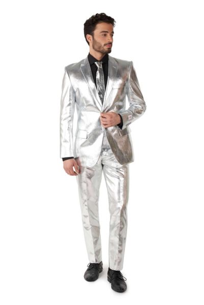 OppoSuits Men's Silver Suit - New Years And Christmas Party Costume - Metallic Shiny Silver - Includes Blazer, Pants and Tie