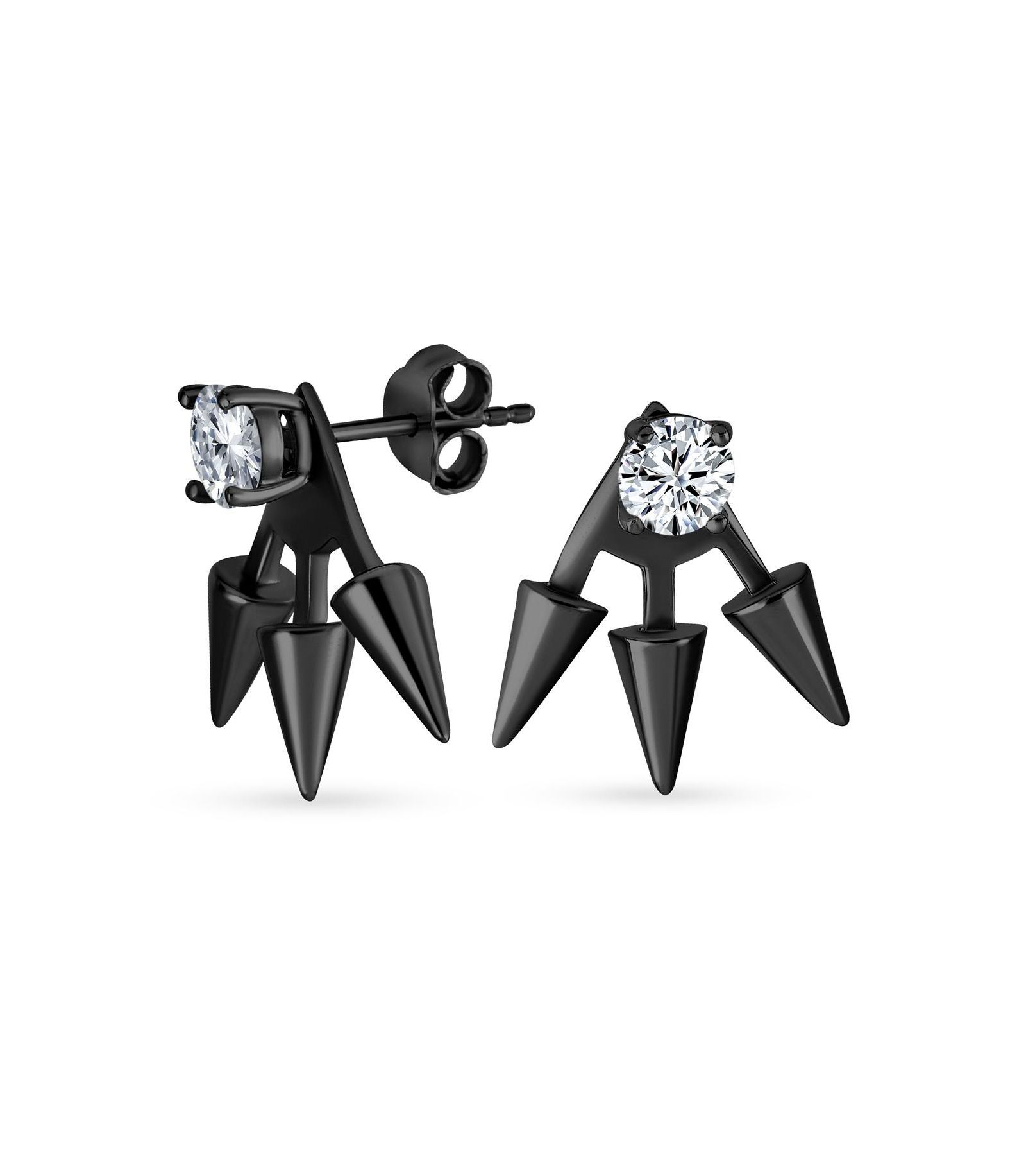 Серьги Bling Jewelry Goth Triple Spike Point Arrow Cubic Zirconia Stud Black Plated.925 Sterling Silver