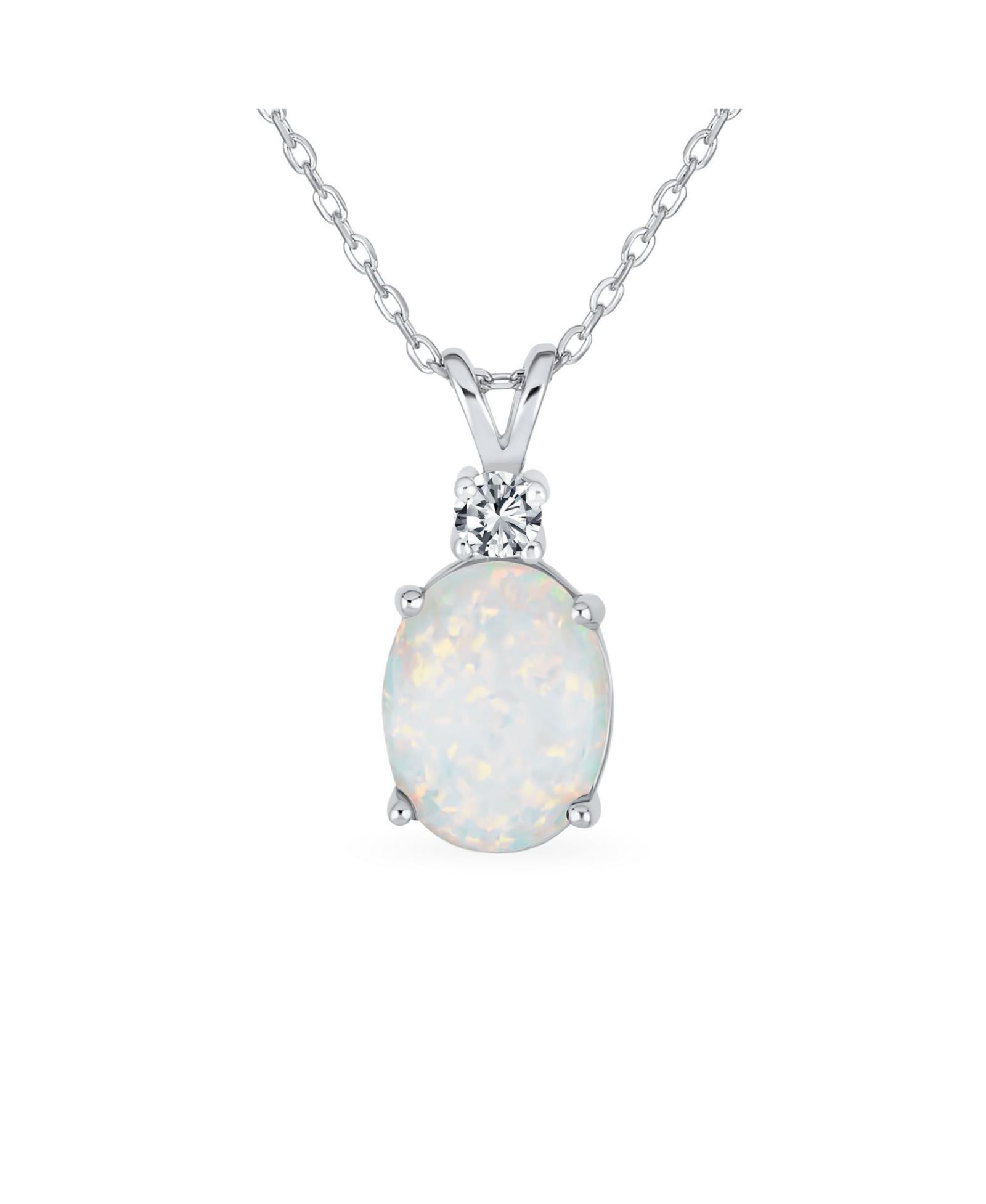 Bling Jewelry Solitaire CZ Created White Opal Oval Pendant Necklace .925 Sterling Silver