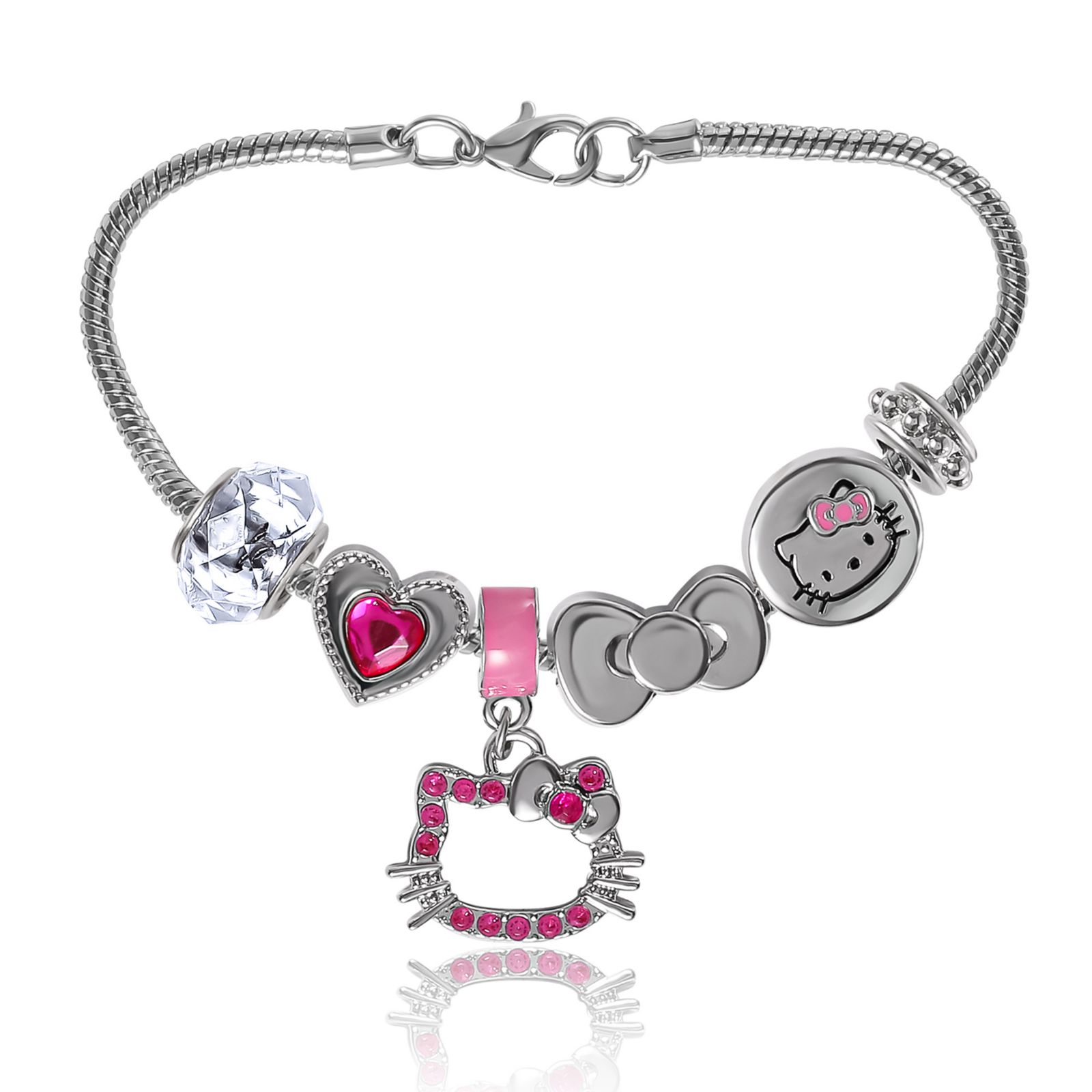 Hello Kitty Sanrio 7'' Fashion Charm Bead Bracelet with Pink Enamel and Crystal Beads
