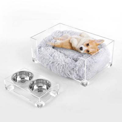 THE LICKER STORE Billie modern acrylic pet bed with washable cushion and elevated feeder, includes two 27 oz stainless steel bowls