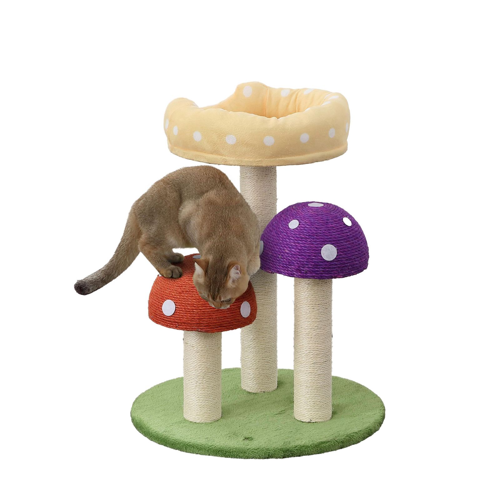 Кошачий игровой комплекс The Licker Store Pixie 22.5" 3-Tier Cottage Sisal Mushroom с когтеточками, лежаком и подвесным колокольчиком, Multi