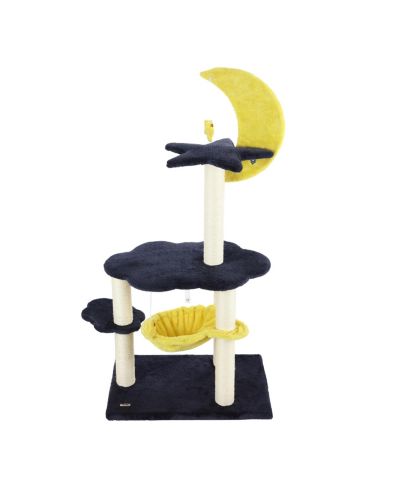 The Licker Store Aurora 49" 3-Tier Modern Sisal Moon And Stars Cat Tree with Scratching Posts, Basket, and Fuzzy Bell Toys, Navy/Yellow/White