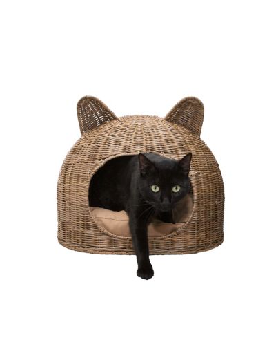THE LICKER STORE Cat Ear 20" x 14.5" Coastal Handwoven Rattan Pet Bed with Machine-Washable Cushion