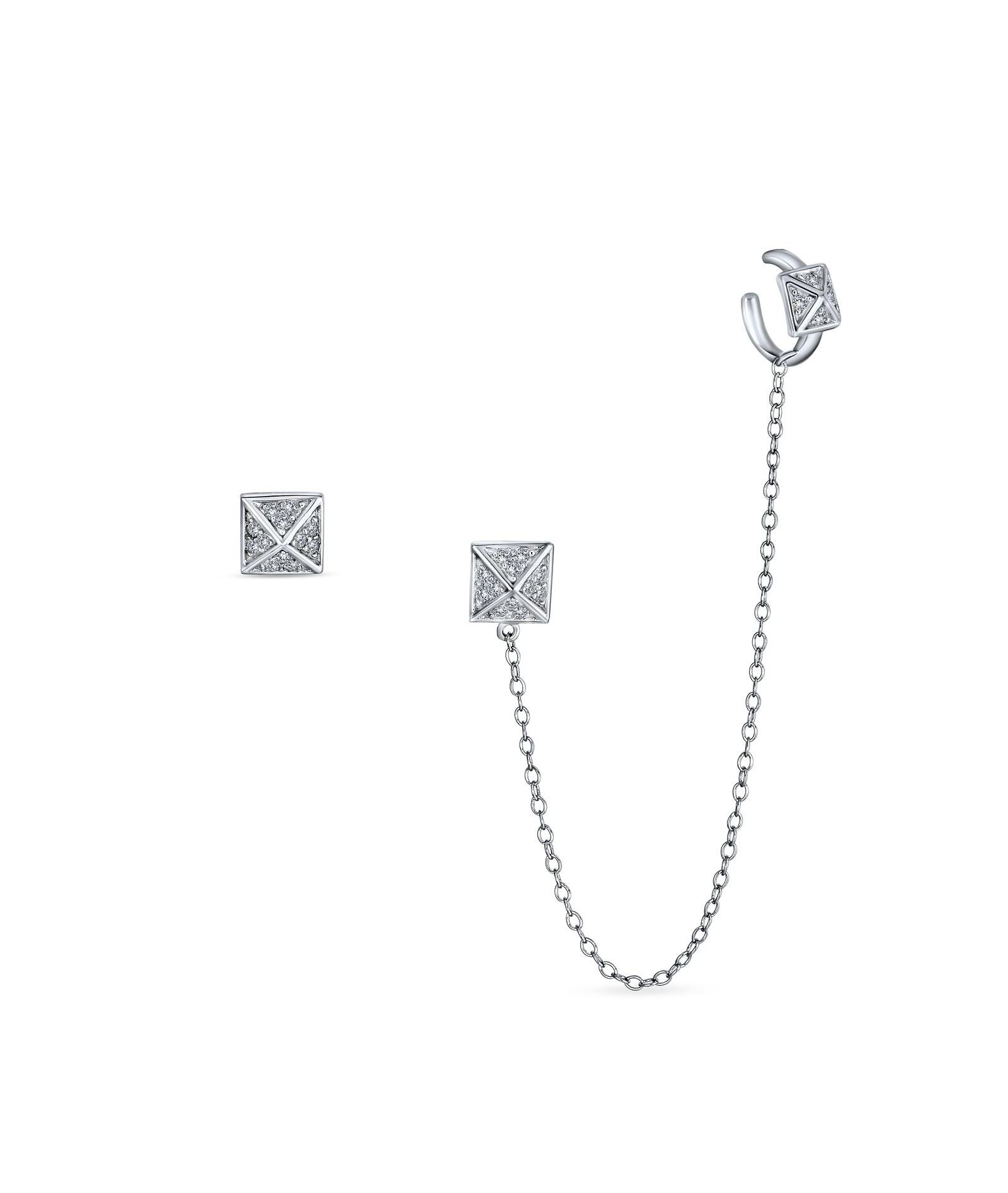 Bling Jewelry Geometric CZ Pyramid Chain Ear Cuff Cartilage Earring Stud Sterling Silver