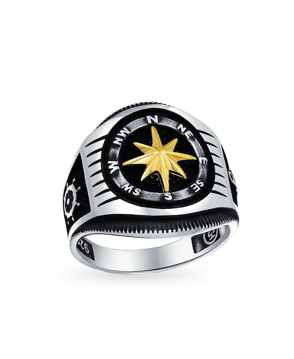 Мужское кольцо Bling Jewelry 2-Tone Nautical Compass Signet, Black Gold Oxidized Sterling Silver