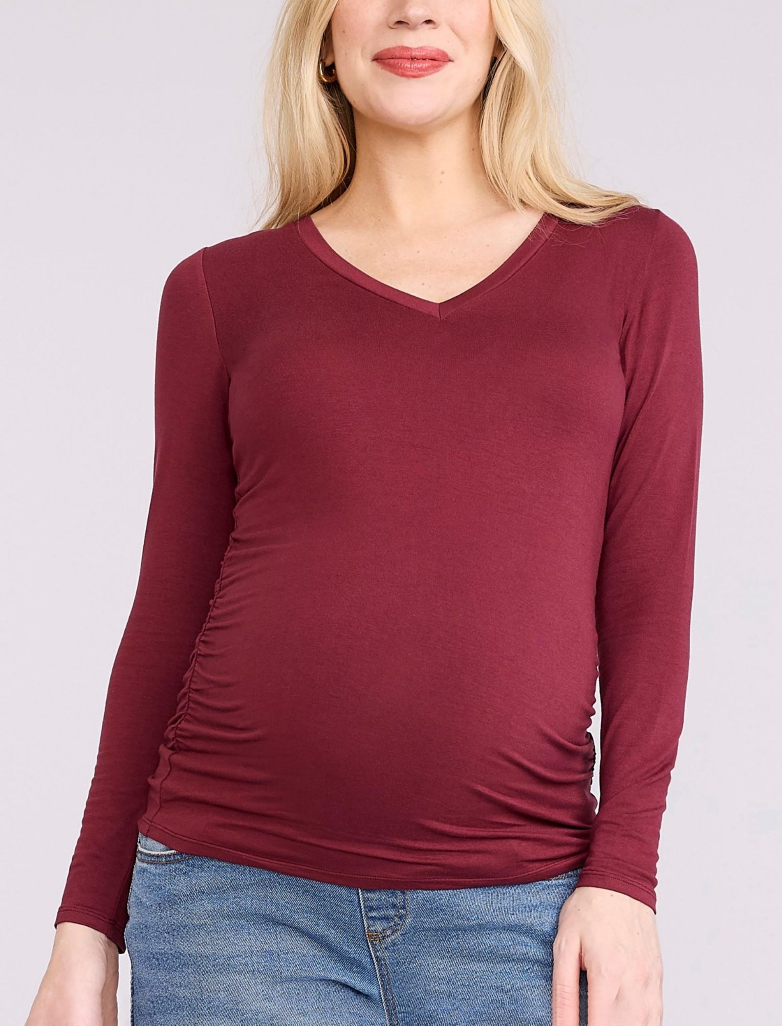 Motherhood Maternity Women's Motherhood V-Neck Side-Ruched Long Sleeve Tee