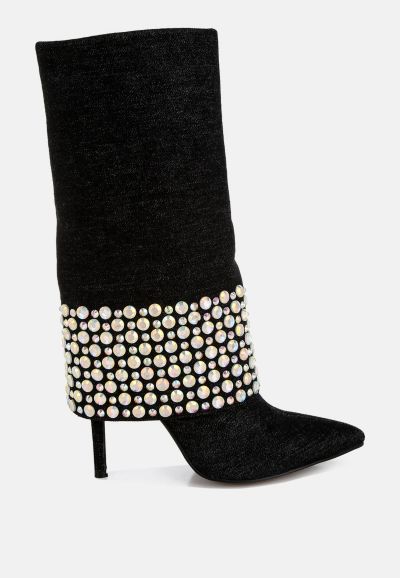 London Rag Womens Mike Drop Diamante and Rhinestones Denim Boots