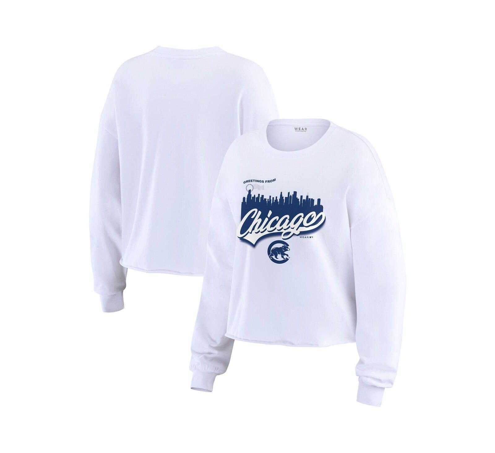 WEAR by Erin Andrews Women's White Chicago Cubs Domestic Postcard Long Sleeve T-Shirt