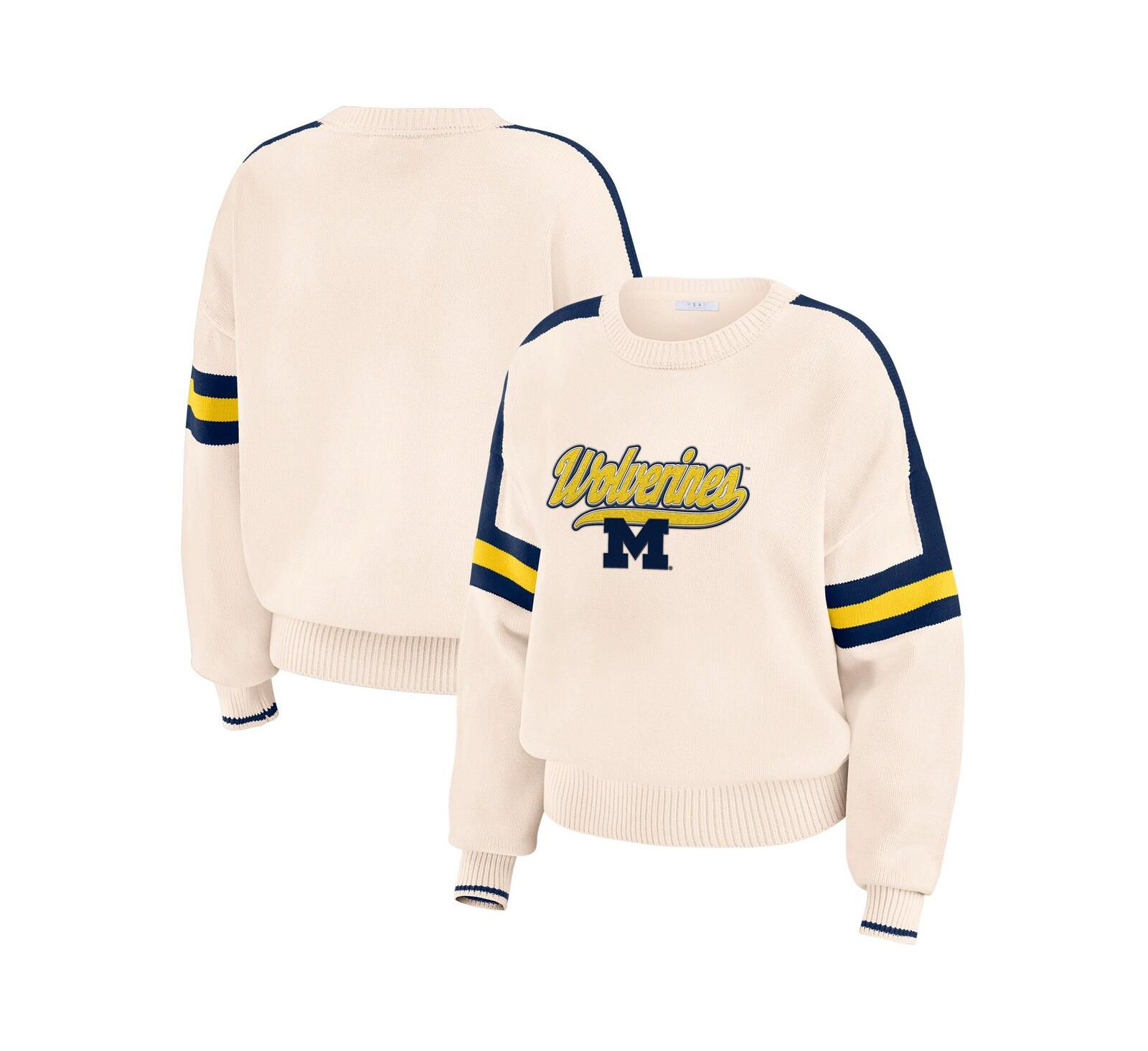 Женский свитшот WEAR by Erin Andrews Michigan Wolverines Chenille Woven Patch Stripe Pullover Cream