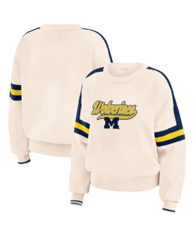 Женский свитшот WEAR by Erin Andrews Michigan Wolverines Chenille Woven Patch Stripe Pullover Cream