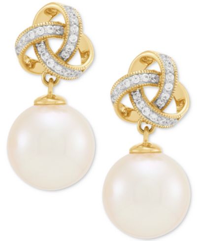 Honora Cultured Ming Pearl (10mm) & Diamond (1/8 ct. t.w.) Love Knot Drop Earrings in 10k Gold