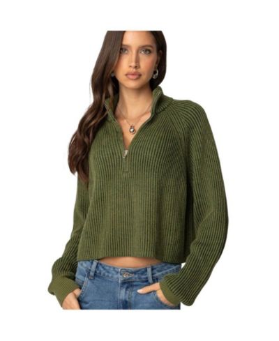 Edikted Women's Cropped Rib Knit Half Zip Sweater