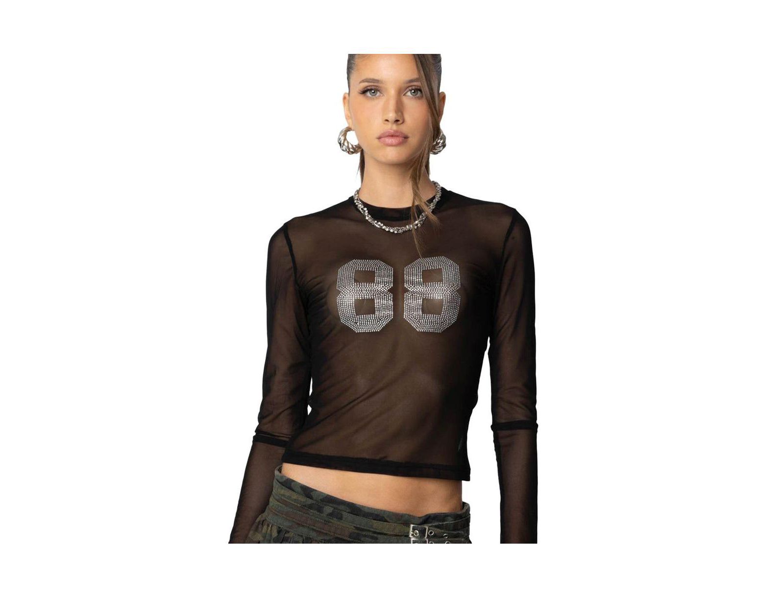 Edikted Women's 88 Rhinestone Sheer Mesh Top