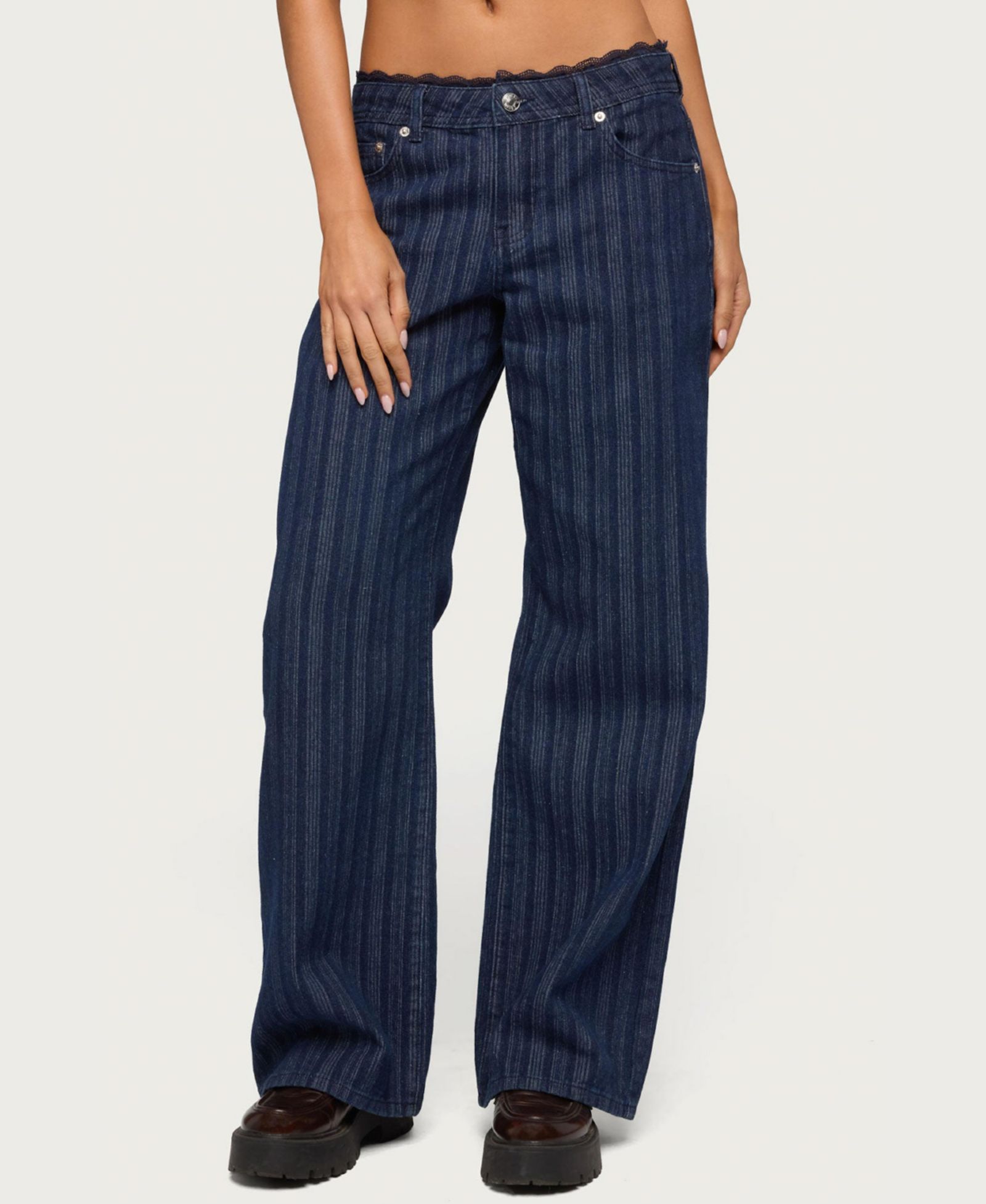 Edikted Women's Lace Trim Striped Low Rise Baggy Jeans