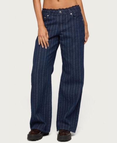 Edikted Women's Lace Trim Striped Low Rise Baggy Jeans