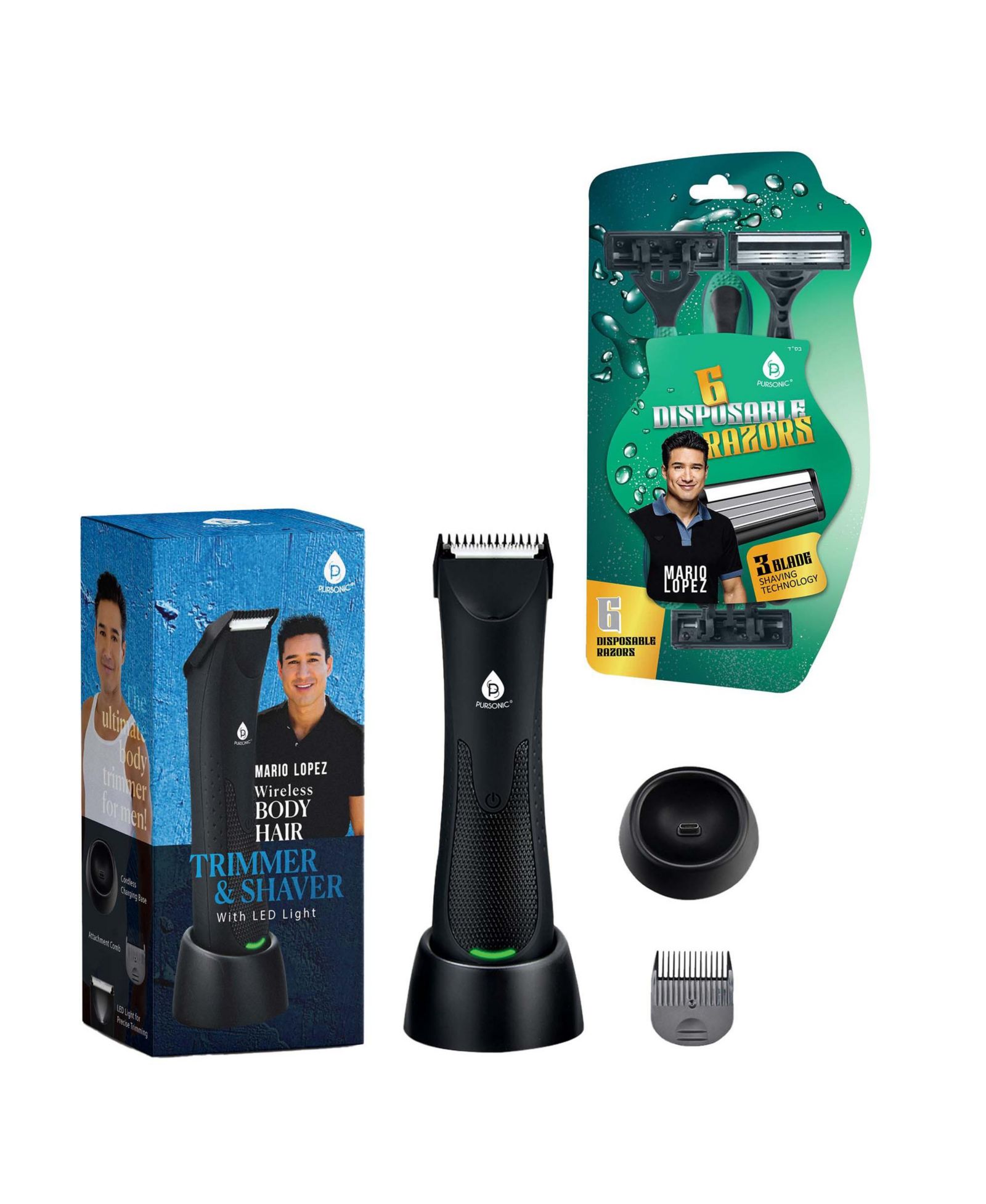 PURSONIC Men's Mario Lopez Wireless Body Hair Trimmer & Shaver and Mario Lopez Disposable Razors - 3 Blade Shaving Surface Technology