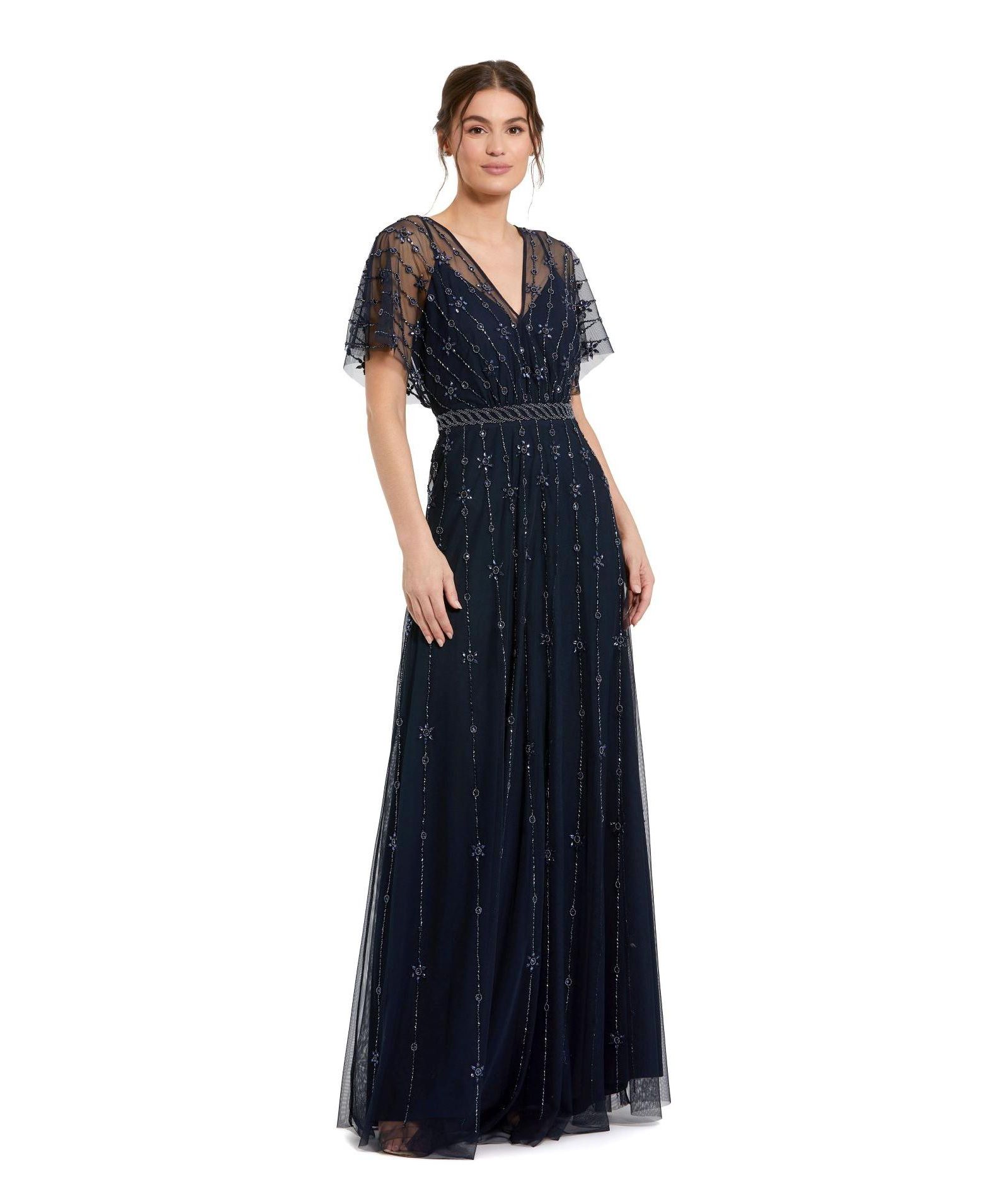 Вечернее платье Mac Duggal Women's V Neck Embellished Flutter Sleeve A Line Gown