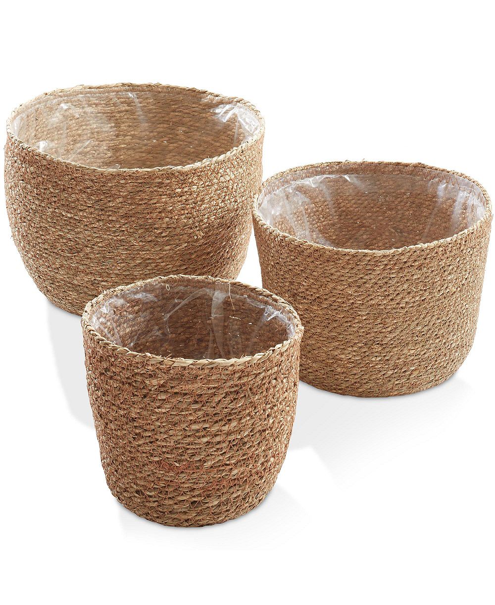 Casafield Set of 3 Seagrass Planter Baskets - Hand Woven Indoor Flower Pot Covers with Liners for Plants, Succulents, Home Decor