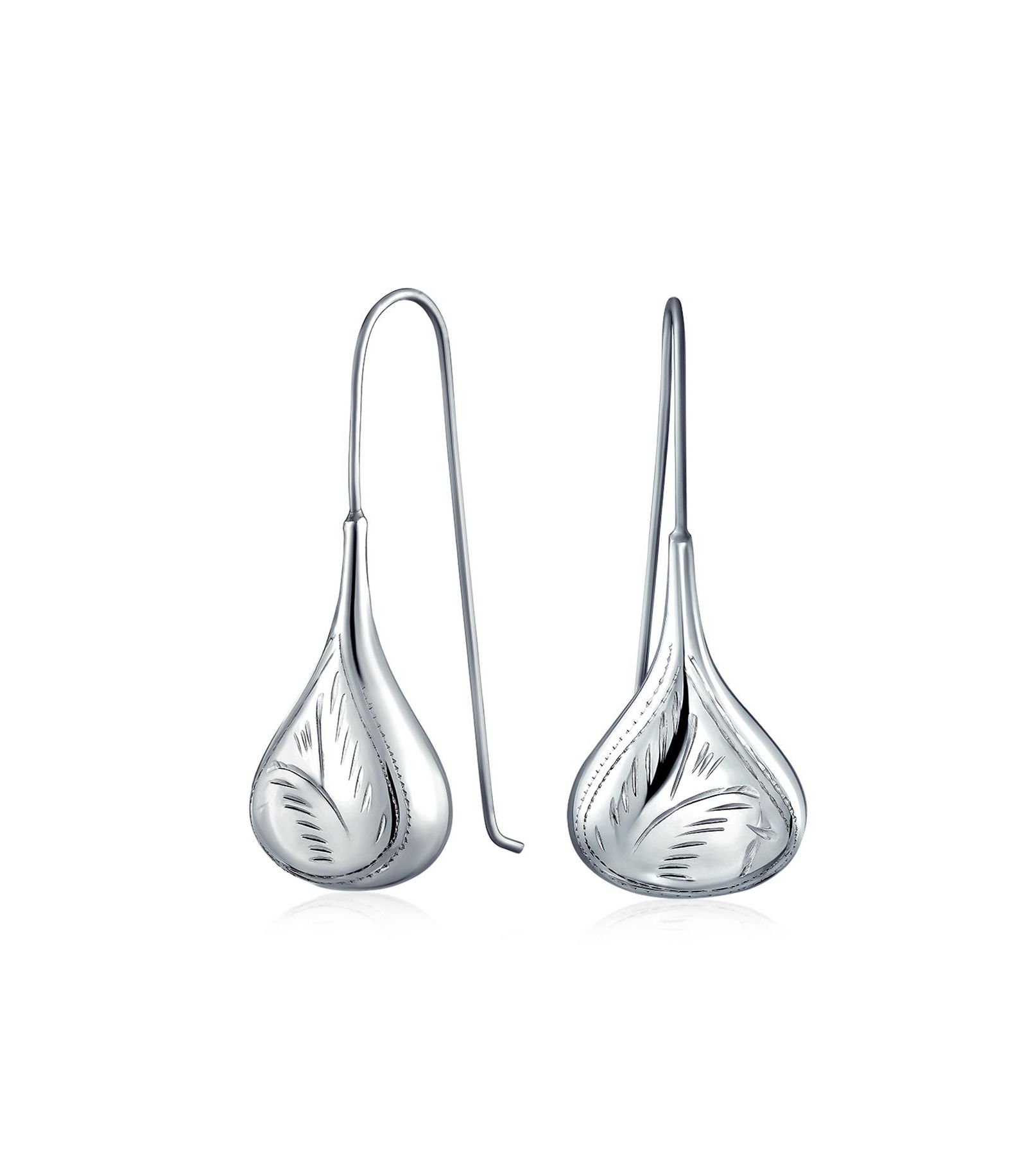 Bling Jewelry Etched Leaf Rain Drop Teardrop Earrings Fishhook Sterling Silver 1.8 in