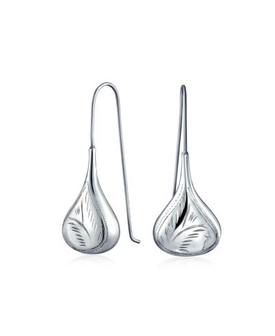 Bling Jewelry Etched Leaf Rain Drop Teardrop Earrings Fishhook Sterling Silver 1.8 in