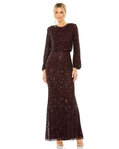 Mac Duggal Women's High Neck Long Sleeve Beaded Blouson Gown