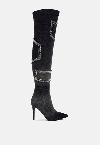London Rag Womens Eilish Rhinestones Knee High Denim Boots