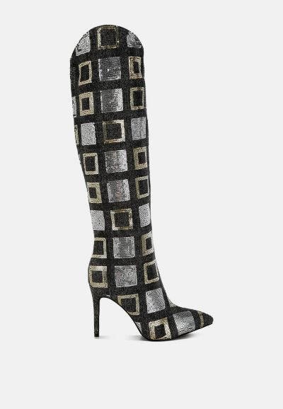 London Rag Women's Sharmin Checkered Sequin Knee High Boots