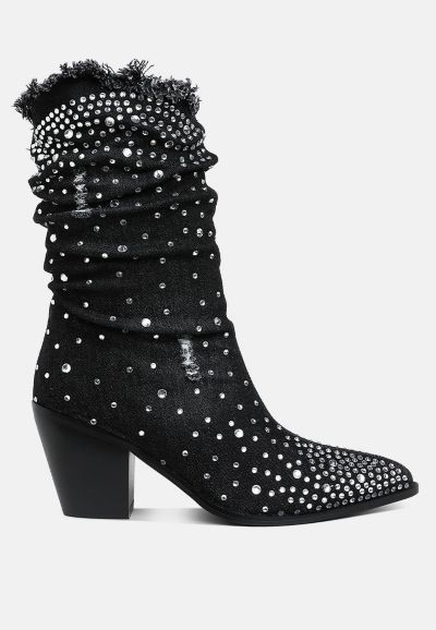 London Rag Womens Savant Diamante and Rhinestones Denim Boots