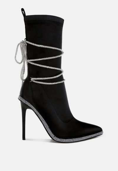 London Rag Women's Dacia Rhinestones Strap Satin Calf Boots