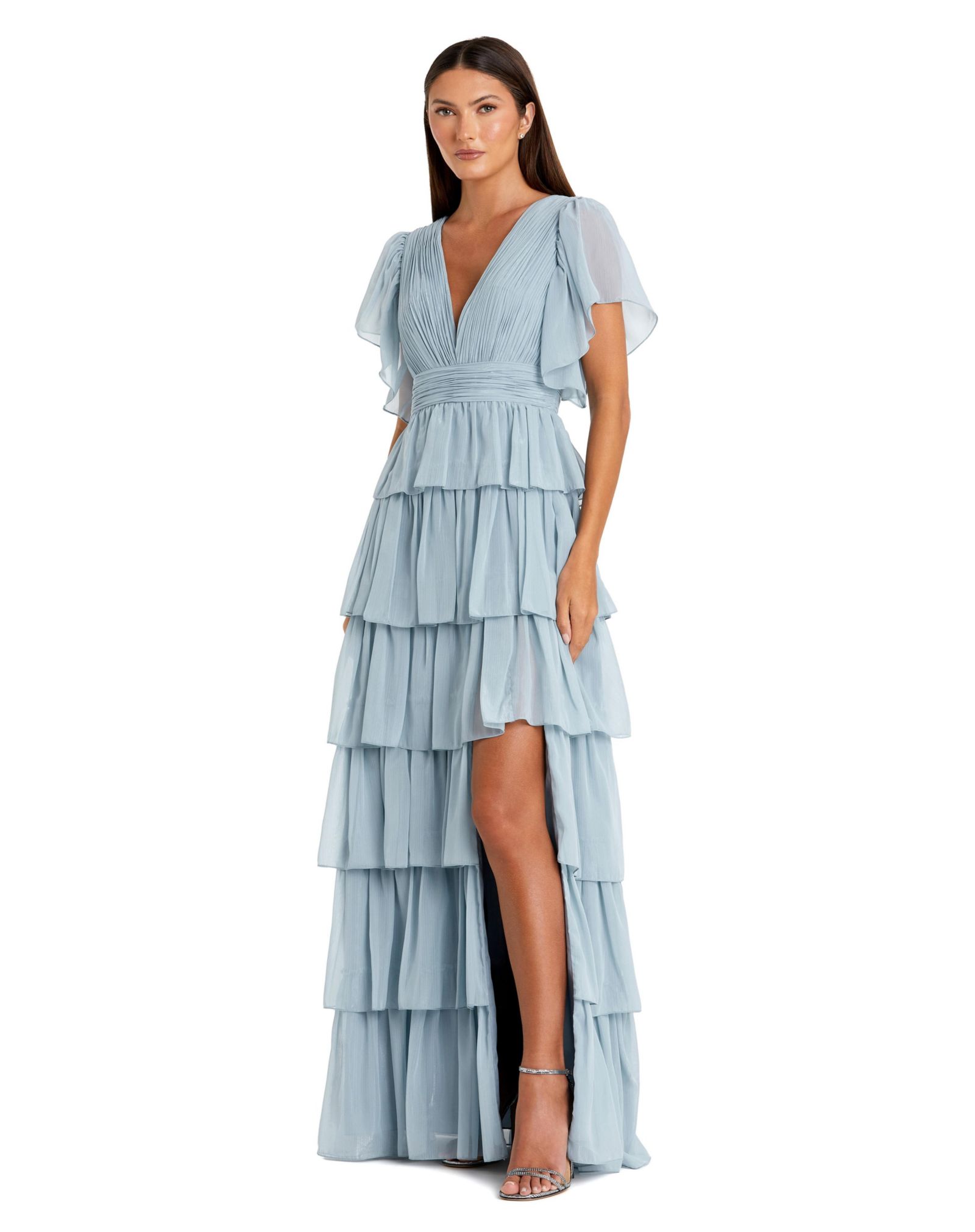 Вечернее платье Mac Duggal Women's Tiered Flutter Sleeve V-Neck