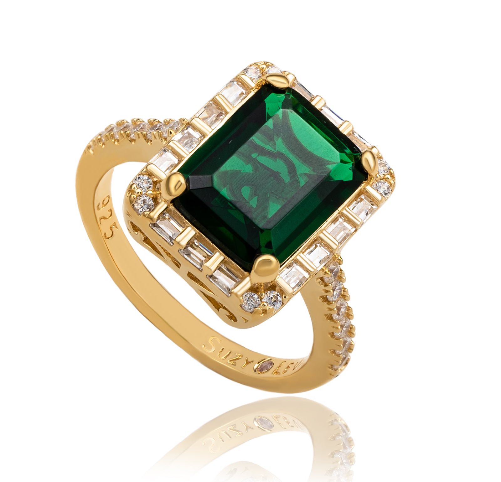 Suzy Levian Cubic Zirconia Emerald-Cut Baguette Halo Ring