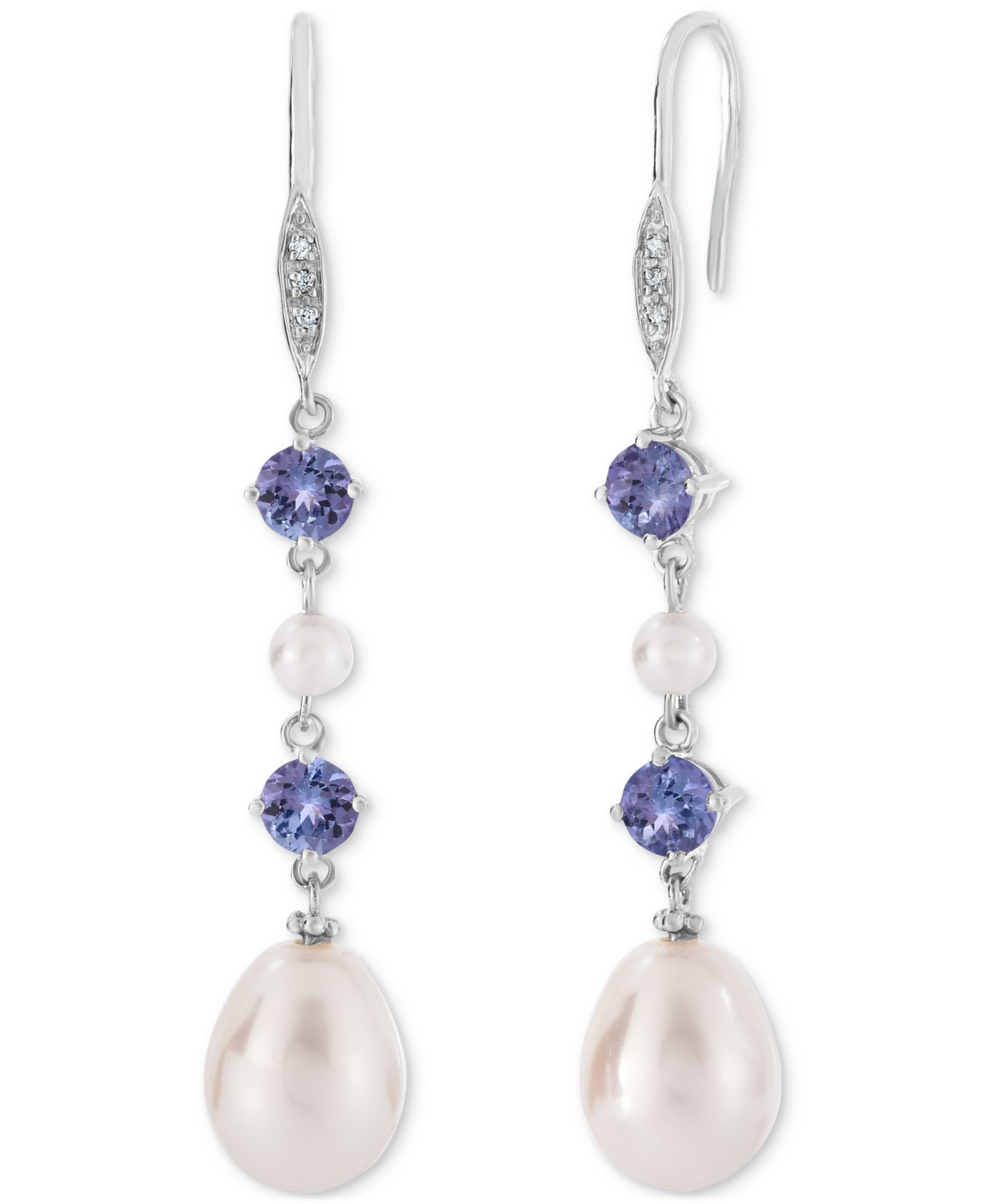 Серьги-подвески с танкитанитом (1 ct. t.w.), культивированным речным жемчугом (3mm, 10x7mm) и бриллиантовыми акцентами в стерлинговом серебре