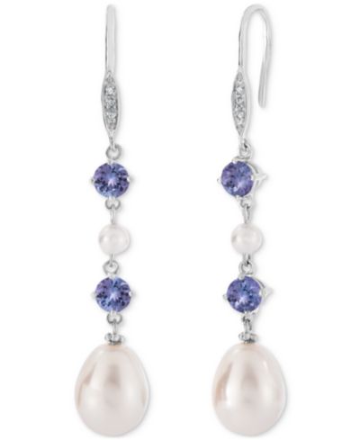 Серьги-подвески с танкитанитом (1 ct. t.w.), культивированным речным жемчугом (3mm, 10x7mm) и бриллиантовыми акцентами в стерлинговом серебре