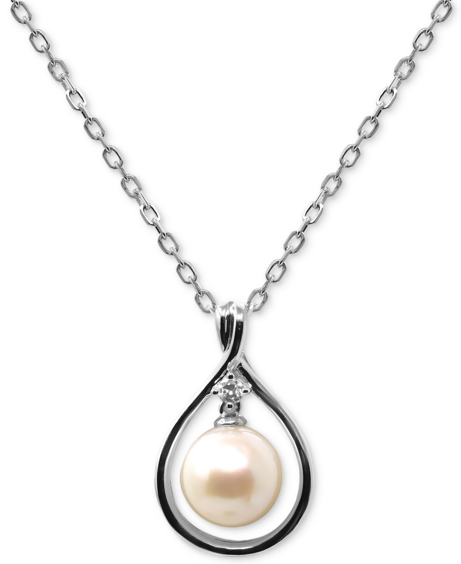 Подвеска-кулон Macy's Cultured Freshwater Pearl (8mm) & Diamond Accent Orbital Teardrop 18" Sterling Silver