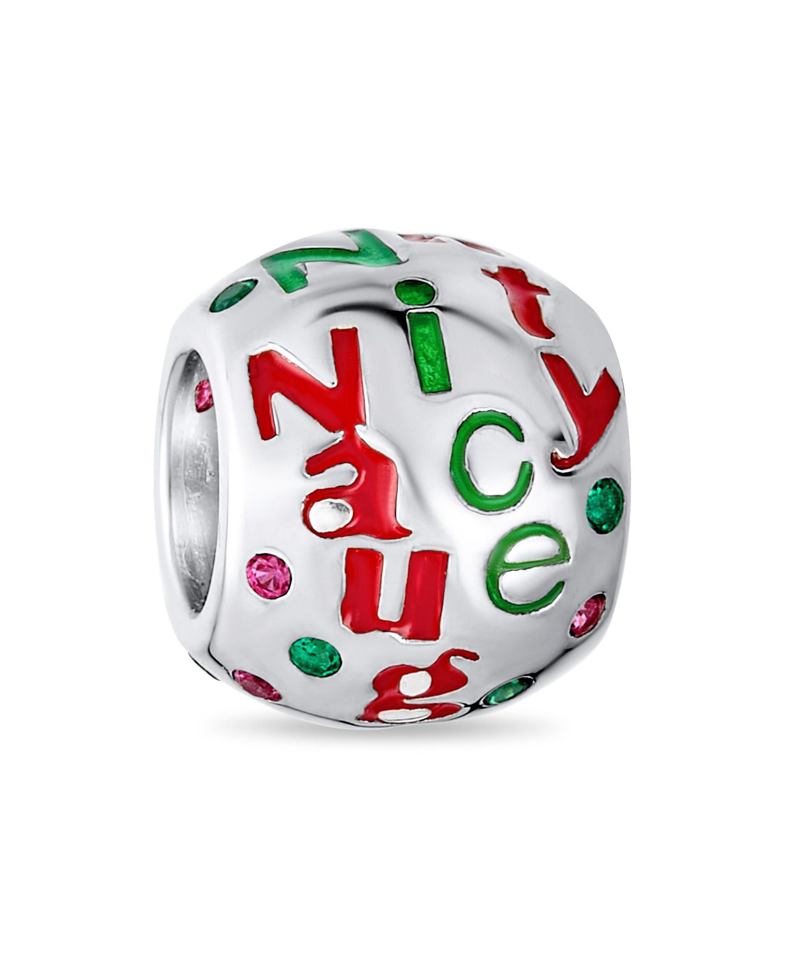 Bling Jewelry Naughty Nice Christmas Crystal Charm Bead for Bracelet .925 Sterling Silver