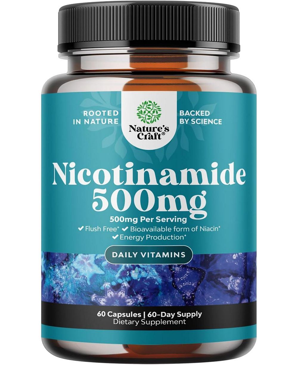 Витамин B3 Niacinamide 500mg капсулы, добавка для энергии митохондрий и кожи, Nature's Craft, 60 шт