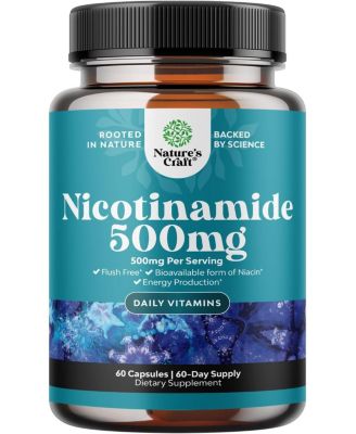 Vitamin B3 Niacinamide 500mg Capsules, Mitochondrial Energy and Potent Skin Supplement, Flush Free Niacin Supplement, Nature's Craft, 60ct